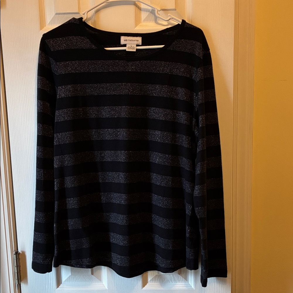 Liz Claiborne Black and Silver Striped Long Sleeve Top